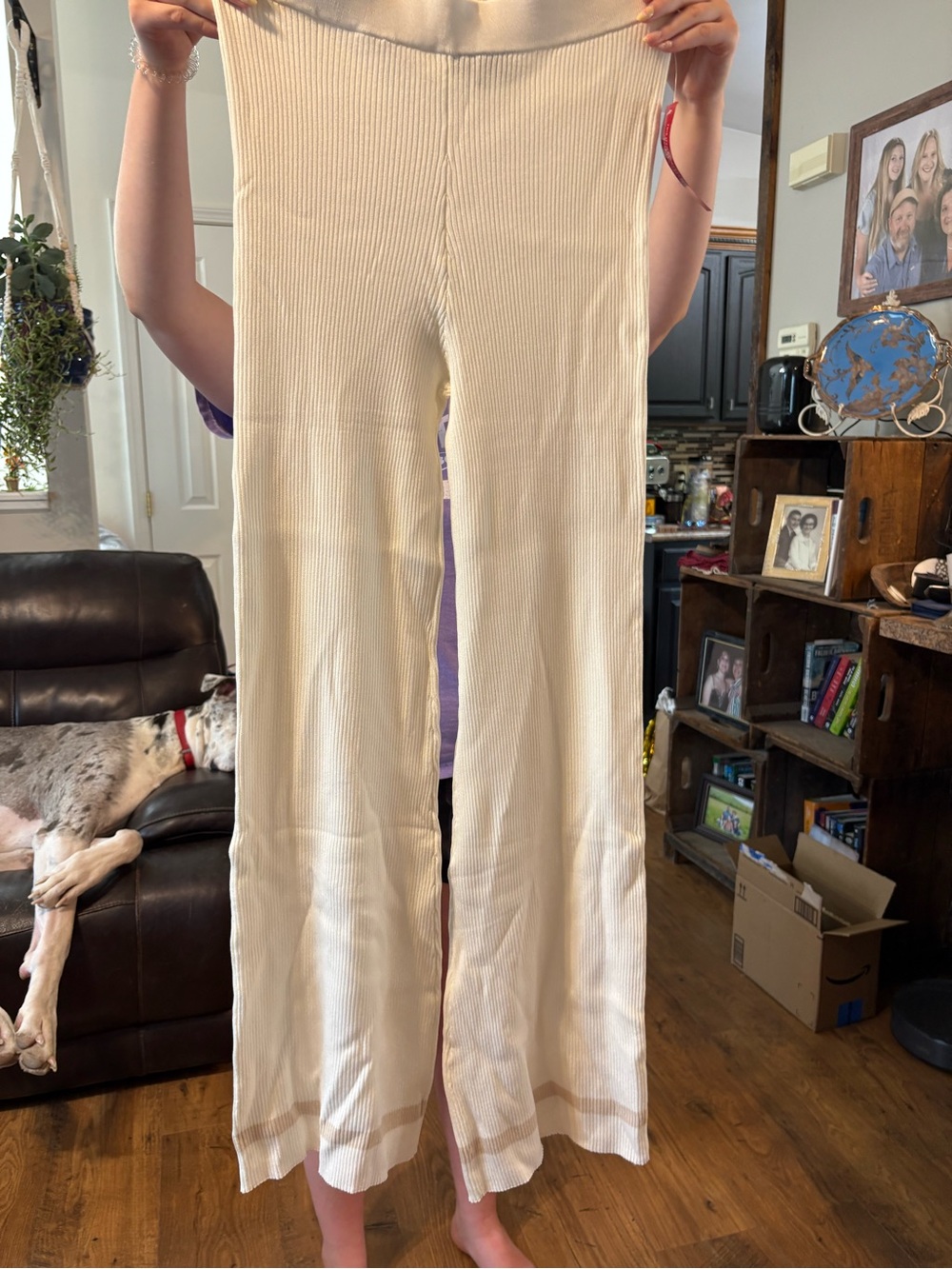 Carbon38 Cream Ribbed Wide-Leg Knit Pants